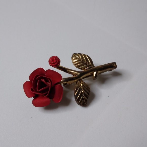 Vintage Little Metal Red Rose Brooch - Picture 2 of 14